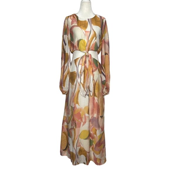 Abstract Print Maxi Dress Cutout Tie Front Long Sleeve Size 8 - Picture 2 of 12